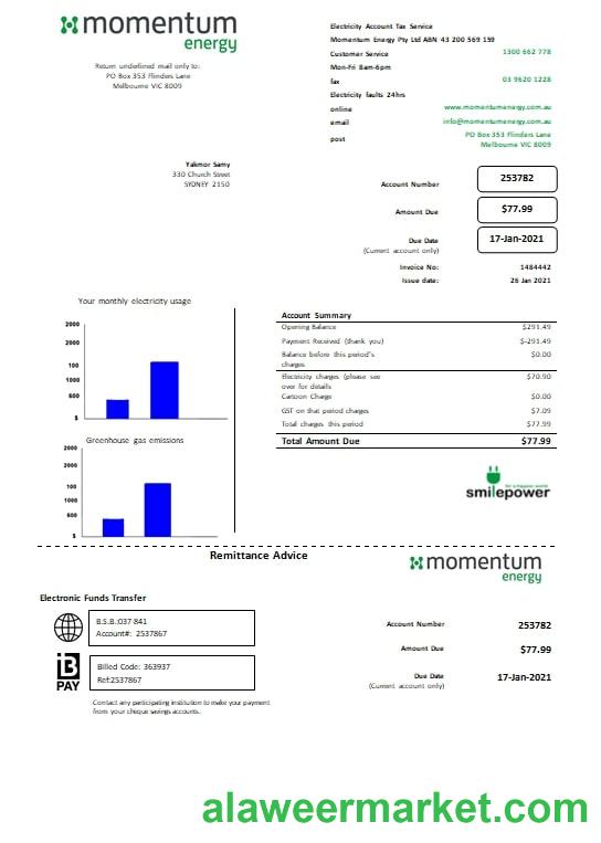Australia Momentum Energy utility bill